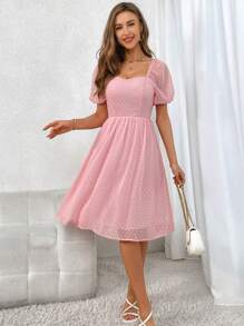 SHEIN Privé Swiss Dot Sweetheart Neck Puff Sleeve Dress,Pastel Dresses For Women - Baby Pink - View 3