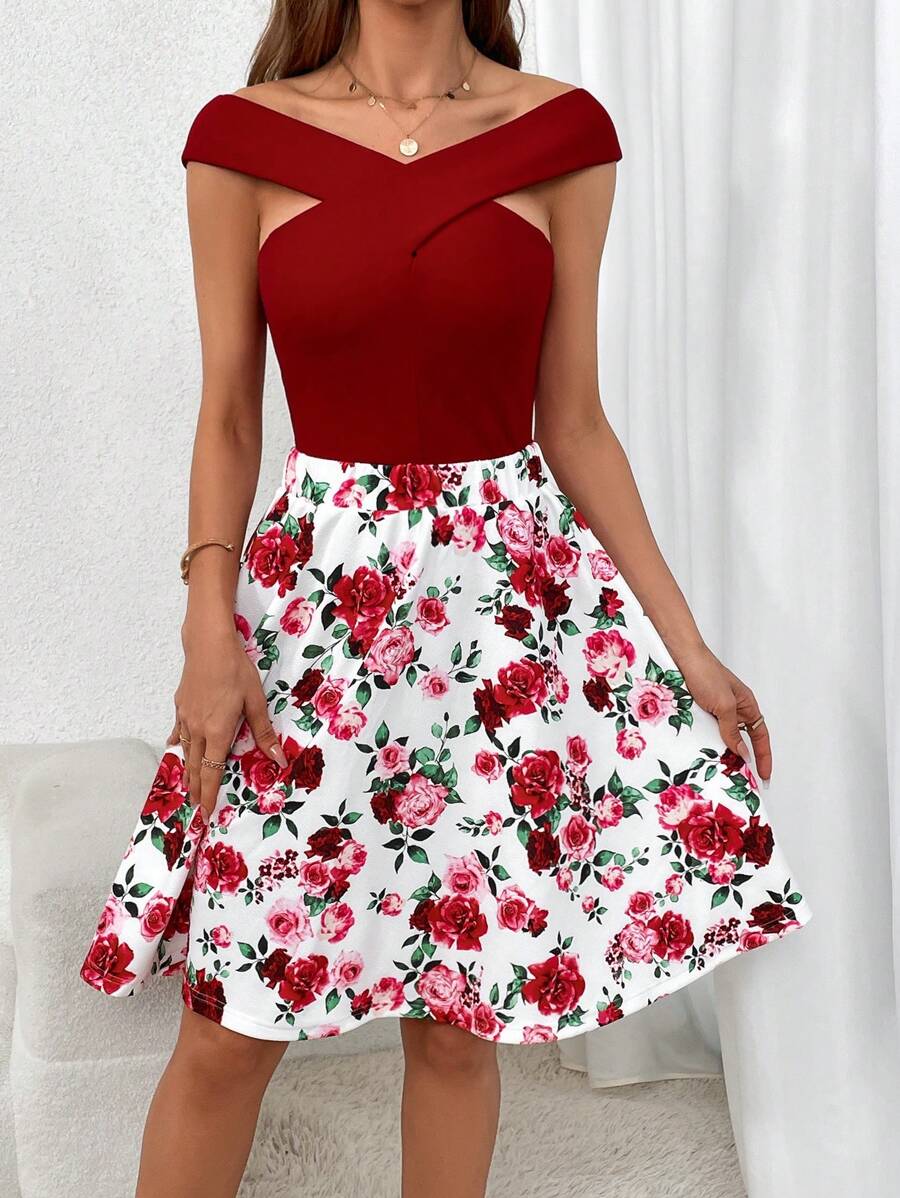 SHEIN Unity cruzado Top & con estampado floral Falda - Multicolor - Ver 1