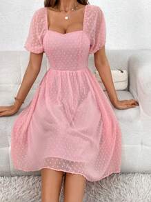 SHEIN Privé Swiss Dot Sweetheart Neck Puff Sleeve Dress,Pastel Dresses For Women - Baby Pink - View 4