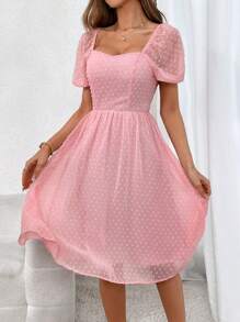 SHEIN Privé Swiss Dot Sweetheart Neck Puff Sleeve Dress,Pastel Dresses For Women - Baby Pink - View 5
