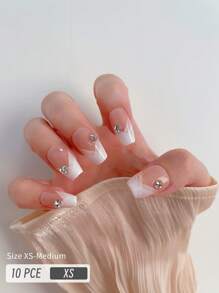 10pcs Short Coffin Rhinestone Decor Fake Nail & 1sheet Tape & 1pc Nail File & 1pc Stick - Baby Pink - View 1