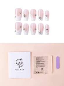 10pcs Short Coffin Rhinestone Decor Fake Nail & 1sheet Tape & 1pc Nail File & 1pc Stick - Baby Pink - View 3