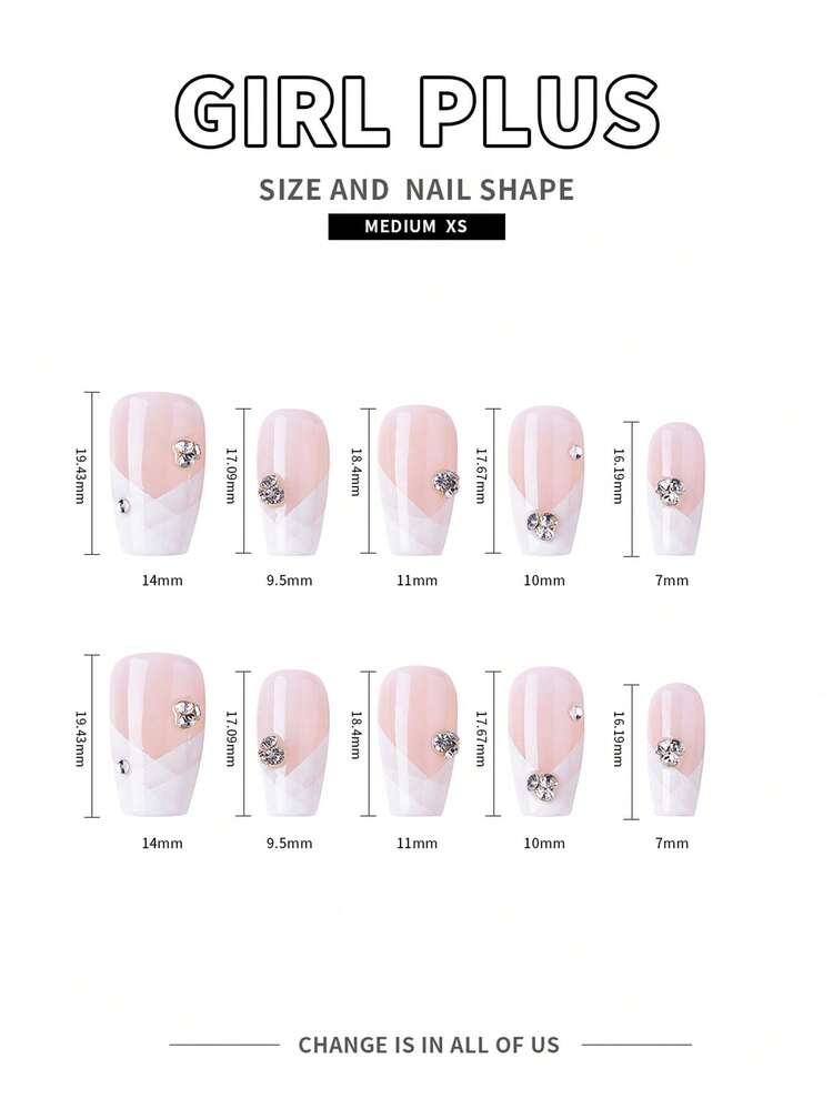 10pcs Short Coffin Rhinestone Decor Fake Nail & 1sheet Tape & 1pc Nail File & 1pc Stick - Baby Pink - View 4