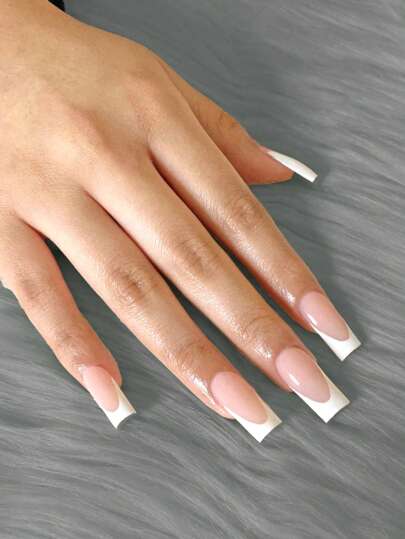 24Pcs White French Medium Long Square Press On Nails Minimalist Design Glossy Full Cover Fake Nails For Women Girls Daily Wear - Includes Nail File & Jelly Adhesive Nail Supplies Nails