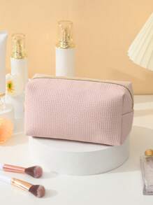 Có thể mang đi Hình vuông Túi trang điểm Sành điệu Đơn giản Cầm tay di động Polyester Dây kéo Túi mỹ phẩm - Màu Hồng baby - Xem 3