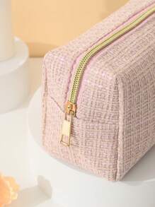 便攜方形化妝包,1入組簡約風便攜手持八角形拉鍊化妝包 - 藕粉色 - 查看 3