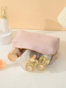 便攜方形化妝包,1入組簡約風便攜手持八角形拉鍊化妝包 - 藕粉色 - 查看 5