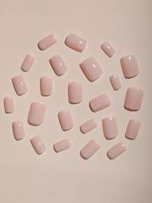 24pcs Short Square Sheer Pink Solid Fake Nail & 1sheet Tape & 1pc Nail File Press On Nails Nail Supplies - Pink - View 2