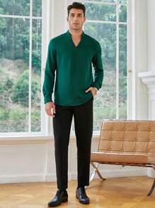 Manfinity Bizwear 男士素色缺口領上衣 - 墨綠色 - 查看 3