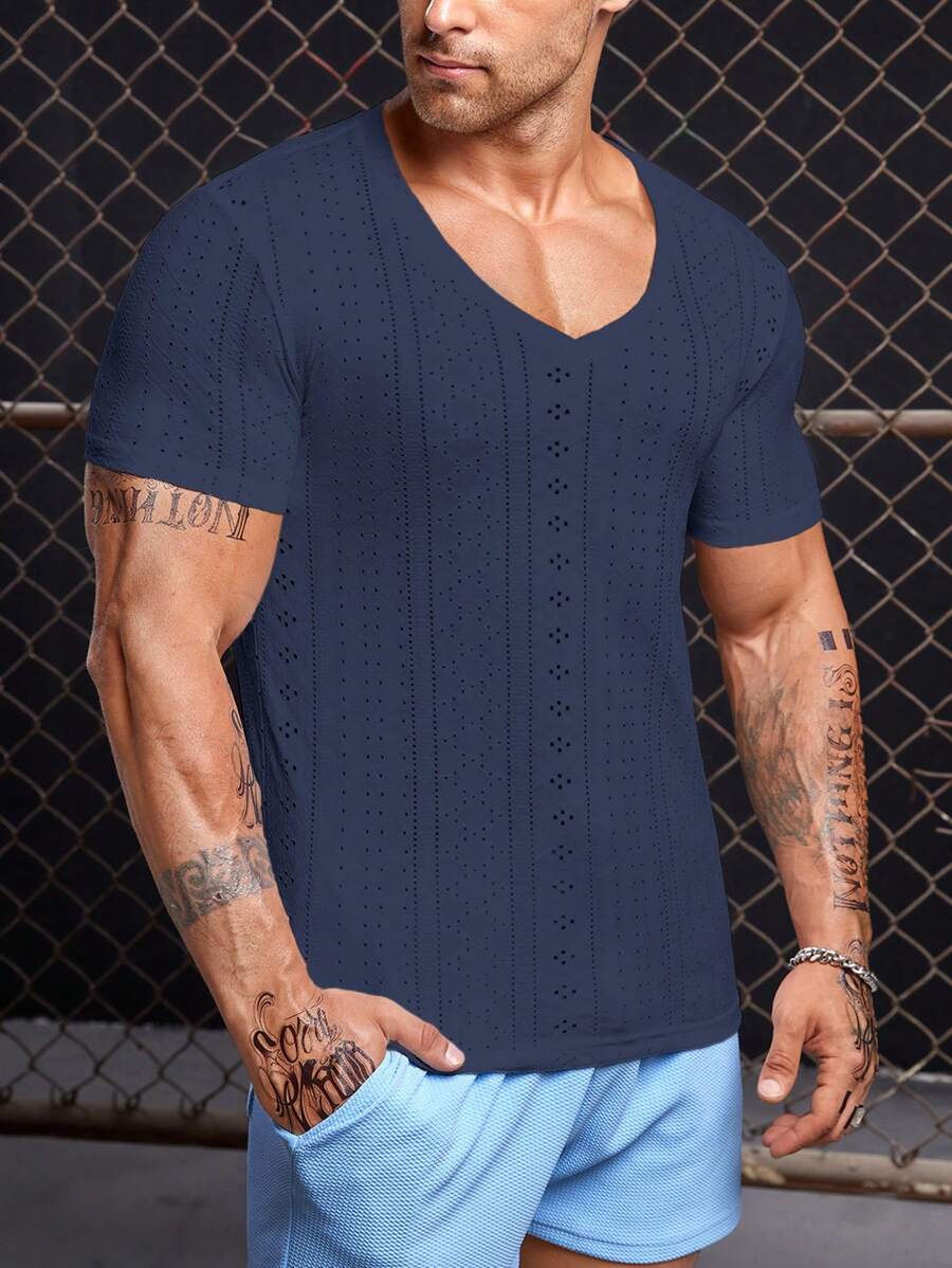 GENTILAND Men Solid V Neck Tee - Navy Blue - View 1