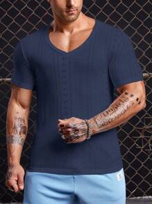 GENTILAND Men Solid V Neck Tee - Navy Blue - View 3