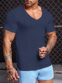 GENTILAND Men Solid V Neck Tee - Navy Blue - View 5