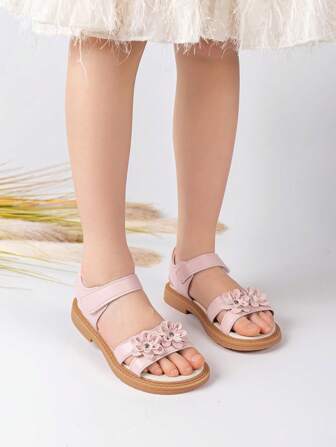 Girls Flower Decor Hook-and-loop Fastener Ankle Strap Sandals For Outdoor