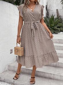 SHEIN LUNE Plus Allover Print Butterfly Sleeve Ruffle Hem Belted Dress - Khaki - View 1