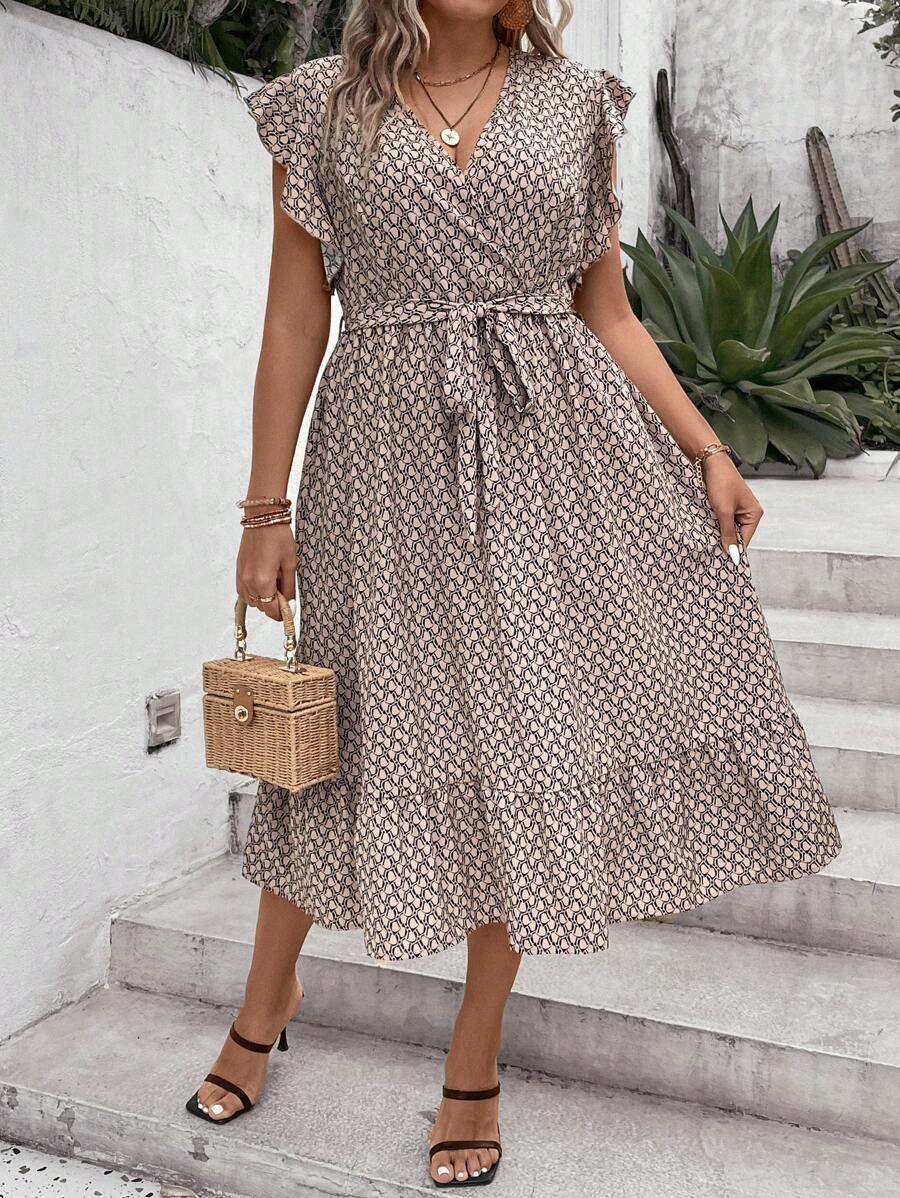 SHEIN LUNE Plus Allover Print Butterfly Sleeve Ruffle Hem Belted Dress - Khaki - View 1