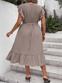 SHEIN LUNE Plus Allover Print Butterfly Sleeve Ruffle Hem Belted Dress - Khaki - View 2