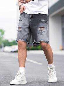 Manfinity EMRG Hombres Shorts en mezclilla algodón desgarro crudo bajo crudo - Gris - Ver 4