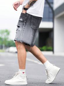 Manfinity EMRG Hombres Shorts en mezclilla algodón desgarro crudo bajo crudo - Gris - Ver 5