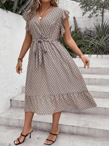 SHEIN LUNE Plus Allover Print Butterfly Sleeve Ruffle Hem Belted Dress - Khaki - View 5