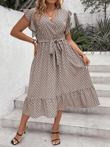 SHEIN LUNE Plus Allover Print Butterfly Sleeve Ruffle Hem Belted Dress - Khaki - View 6