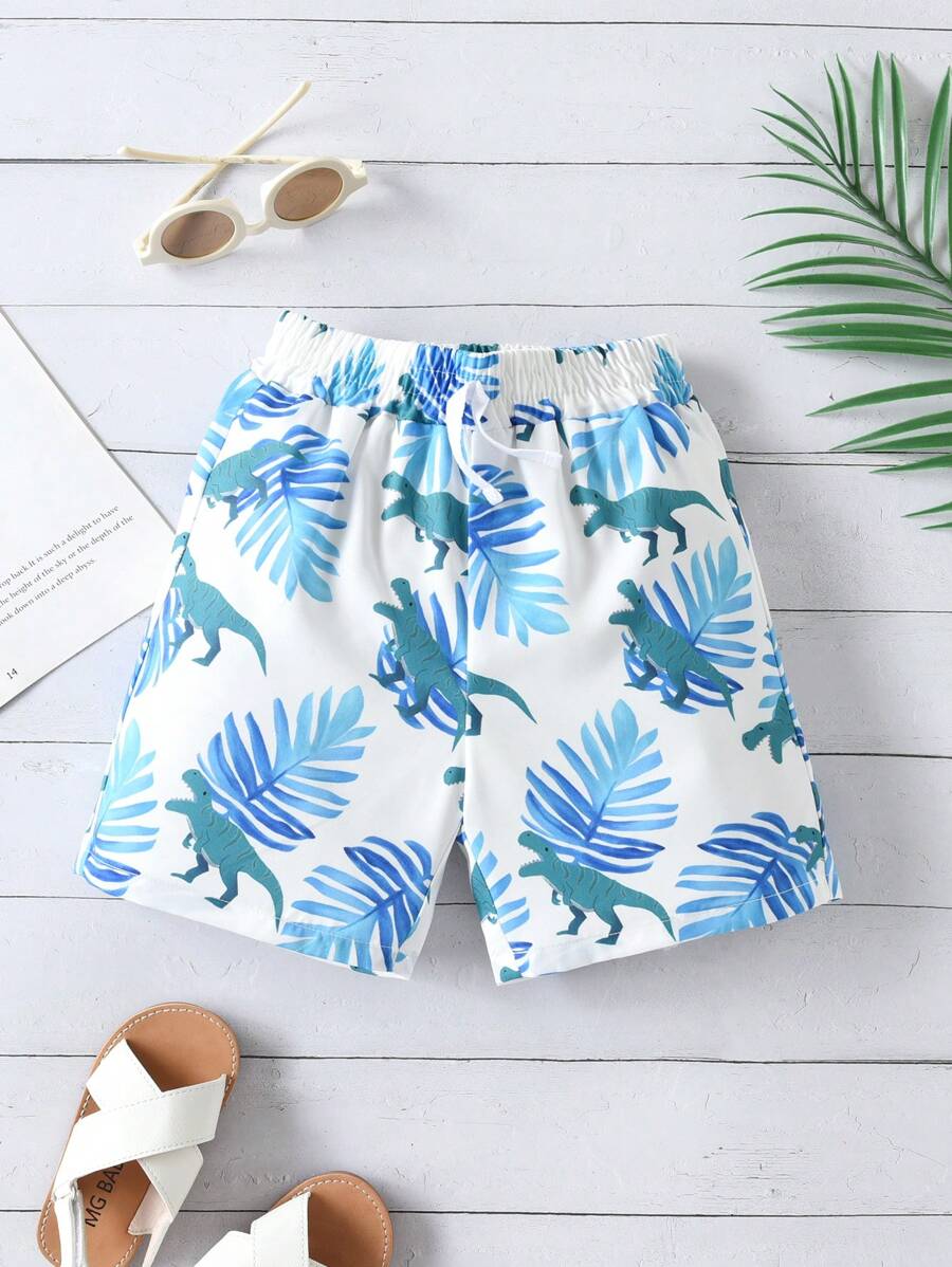 SHEIN Quần short bé trai Thắt nút Nhiệt đới Khủng long Boho - trắng - Xem 1