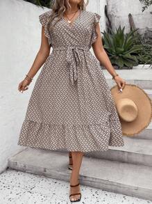 SHEIN LUNE Plus Allover Print Butterfly Sleeve Ruffle Hem Belted Dress - Khaki - View 7