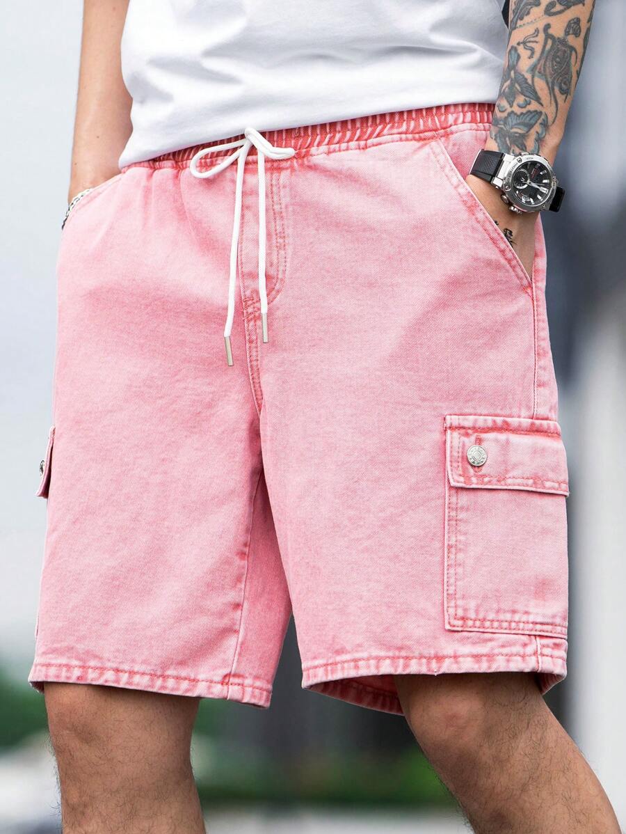 Manfinity Loose Fit Men's Cargo Denim Shorts With Flap Pockets, Side Drawstring Waist - Pink - View 1