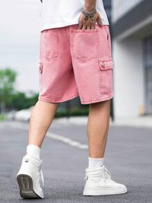 Manfinity Loose Fit Men's Cargo Denim Shorts With Flap Pockets, Side Drawstring Waist - Pink - View 2
