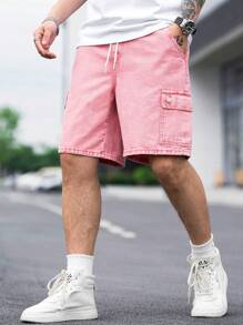 Manfinity Loose Fit Men's Cargo Denim Shorts With Flap Pockets, Side Drawstring Waist - Pink - View 3