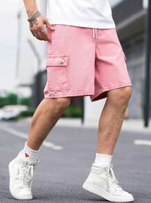 Manfinity Loose Fit Men's Cargo Denim Shorts With Flap Pockets, Side Drawstring Waist - Pink - View 4