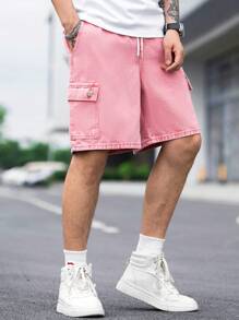 Manfinity Loose Fit Men's Cargo Denim Shorts With Flap Pockets, Side Drawstring Waist - Pink - View 5