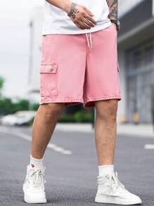 Manfinity Loose Fit Men's Cargo Denim Shorts With Flap Pockets, Side Drawstring Waist - Pink - View 6