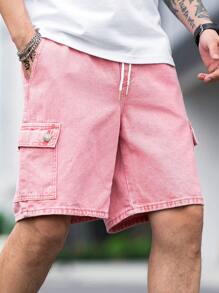 Manfinity Loose Fit Men's Cargo Denim Shorts With Flap Pockets, Side Drawstring Waist - Pink - View 7
