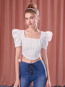 SHEIN MOD Square Neck Puff Sleeve Crop Blouse - White - View 6