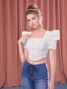 SHEIN MOD Square Neck Puff Sleeve Crop Blouse - White - View 5