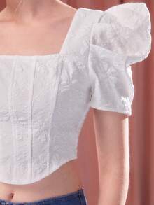 SHEIN MOD Square Neck Puff Sleeve Crop Blouse - White - View 7