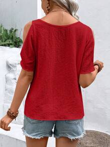SHEIN LUNE Cold Shoulder Chain Detail Blouse - Red - View 2