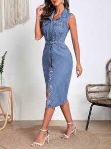 Váy denim nữ Túi Nút phía trước màu trơn Giải trí - Rửa tối - Xem 5