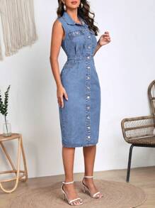 Váy denim nữ Túi Nút phía trước màu trơn Giải trí - Rửa tối - Xem 6