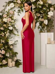 SHEIN Belle 單肩鏤空褶邊高衩連衣裙 - 酒紅色 - 查看 2