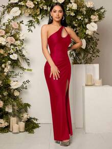 SHEIN Belle 單肩鏤空褶邊高衩連衣裙 - 酒紅色 - 查看 6