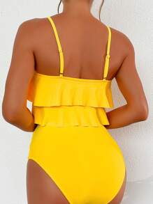 SHEIN Swim Summer Beach Ruffle Hem Ruched High Waisted Bikini Set - Yellow - View 2