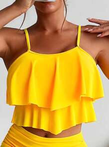 SHEIN Swim Summer Beach Ruffle Hem Ruched High Waisted Bikini Set - Yellow - View 4