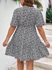 SHEIN Holidaya Plus Ditsy Floral Print Flounce Sleeve Dress - Black - View 2