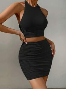 Chiquease Solid Halter Top & Ruched Bodycon Skirt