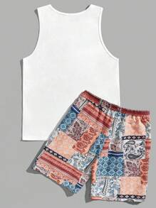 Manfinity VCAY 男士棉佩斯利印花背心上衣和腰部抽繩短褲 - 彩色 - 查看 2