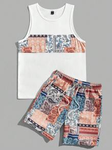 Manfinity VCAY 男士棉佩斯利印花背心上衣和腰部抽繩短褲 - 彩色 - 查看 4