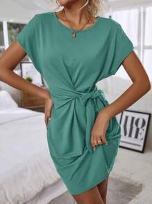 SHEIN Clasi 素色側打結蝙蝠袖洋裝 - 青碧色 - 查看 3