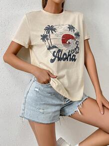 SHEIN EZwear 熱帶印花和字母圖案T恤