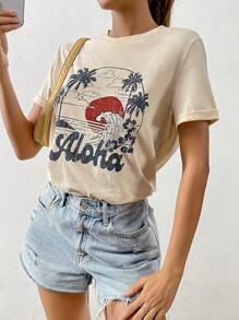 SHEIN EZwear 熱帶印花和字母圖案T恤